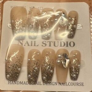 Press On‎ Nails Beige Glitter Pearl Rhinestone Nail Art Design